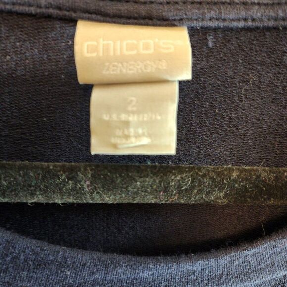 CHICOS ZENERGY TOP SIZE 2 WOMENS LARGE 12 NAVY BLUE LONG RUFFLED SLEEVE RELAXED - Picture 2 of 7